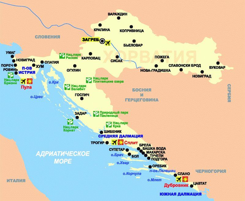 Карта Хорватии с курортами